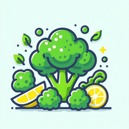 Vector illustration of fresh broccoli and lemon. Line art style design.のイラスト素材