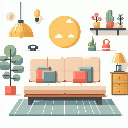 Living room interior with sofa, lamp and plants. Flat style vector illustration.のイラスト素材