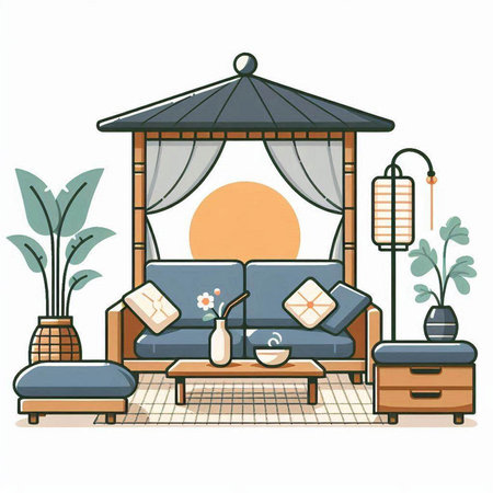 Illustration of a cozy living room with a sofa and a lampのイラスト素材