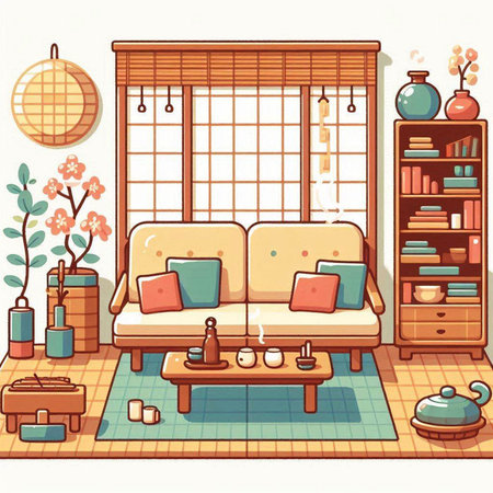 Living room interior with furniture. Vector illustration of a cozy living room.のイラスト素材
