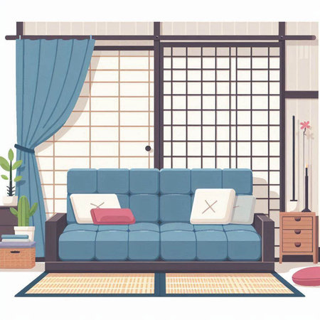 Interior of living room with sofa, carpet and window. Vector illustrationのイラスト素材