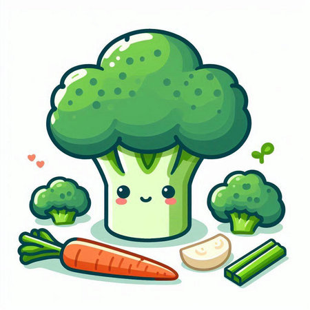 Cute broccoli character with vegetables isolated on white background. Vector illustration.のイラスト素材