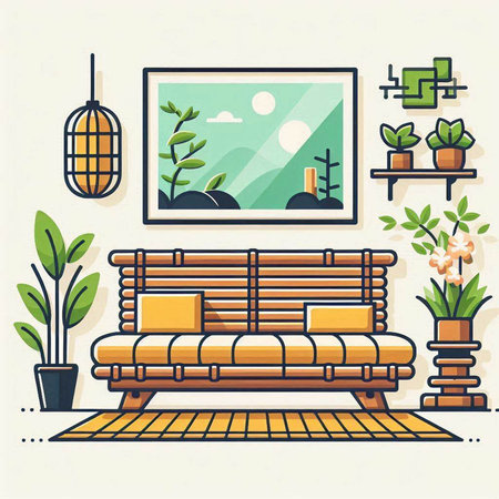 Interior of living room with sofa and plants. Flat style vector illustration.のイラスト素材