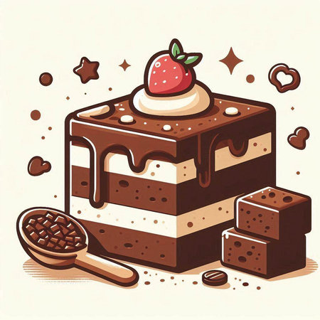 Vector illustration of a chocolate cake with cream, strawberry and cocoa beansのイラスト素材