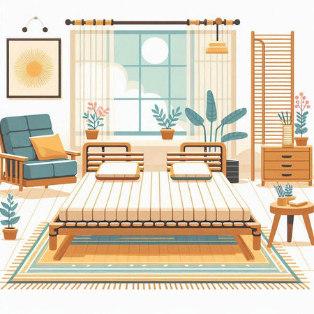 Vector illustration of a bedroom interior with bed, armchair, window and plantsのイラスト素材