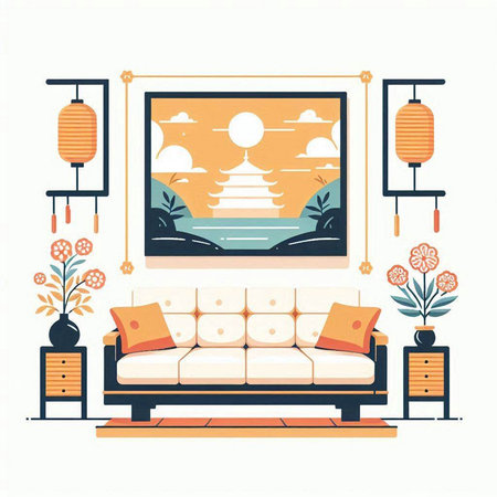 Living room interior with sofa, lamp and plants. Flat design vector illustration.のイラスト素材