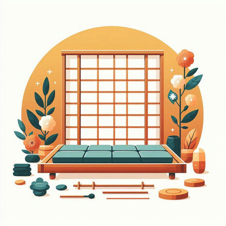 Japanese room with furniture and plants in flat style. Vector illustration.のイラスト素材