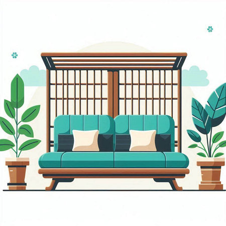 Vector illustration of a living room with a green sofa and a flower bedのイラスト素材