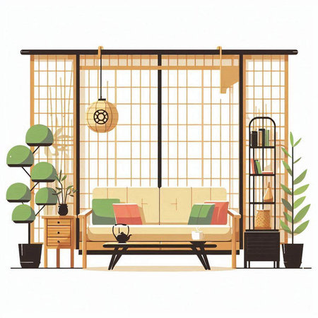 Interior of a living room with furniture. Vector illustration in a flat style.のイラスト素材