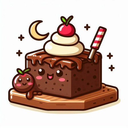 Cute cartoon chocolate cake with whipped cream, cherry and apple.のイラスト素材