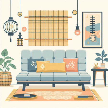 Living room interior with sofa, carpet, lamp and plants. Vector illustrationのイラスト素材