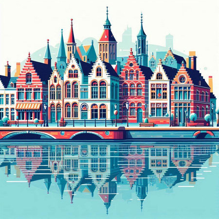 Cityscape of Amsterdam, Netherlands. Colorful vector illustration in retro style.のイラスト素材