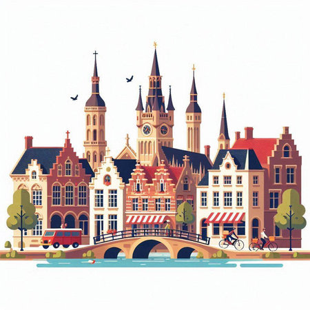 Cityscape of Amsterdam, Netherlands. Vector illustration in retro style.のイラスト素材