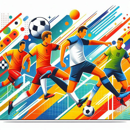 Soccer players in action with colorful abstract background. Vector illustration.のイラスト素材