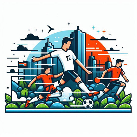 Soccer player in action on the background of the city. Vector illustrationのイラスト素材