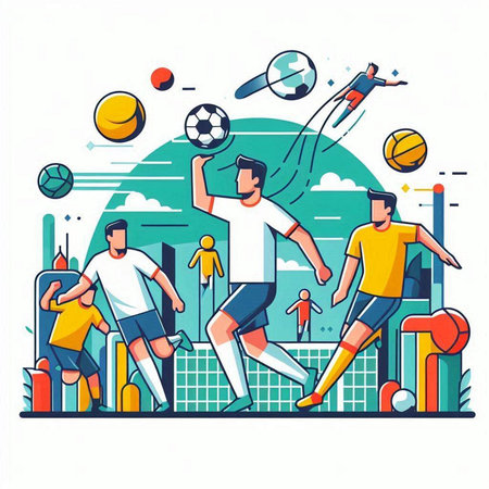 Soccer players. Vector illustration in flat line style. Football players.のイラスト素材
