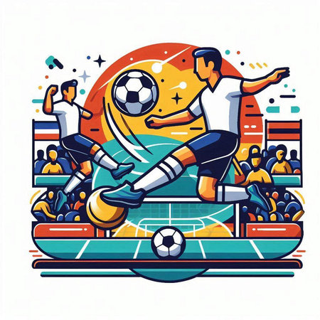 Soccer player with ball and players on stadium. Vector illustration.のイラスト素材