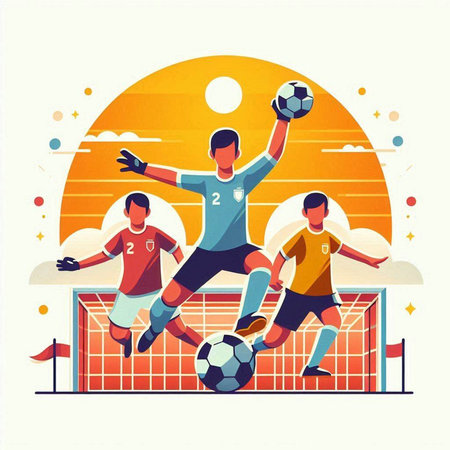 Soccer players on the field. Vector illustration in flat style.のイラスト素材