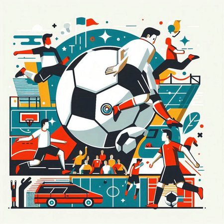 Soccer, football, soccer players and sports equipment. Flat vector illustration.のイラスト素材