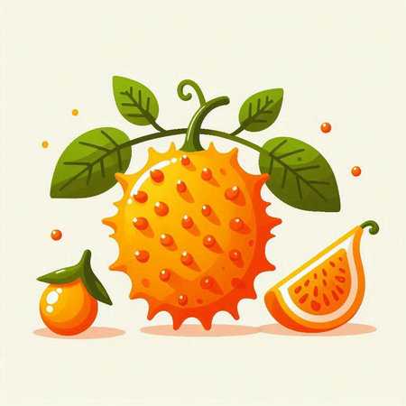 Kiwano fruit with leaves and orange fruit. Vector illustration.のイラスト素材