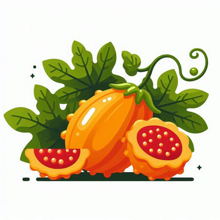 Papaya fruit with leaves isolated on white background. Vector illustration.のイラスト素材