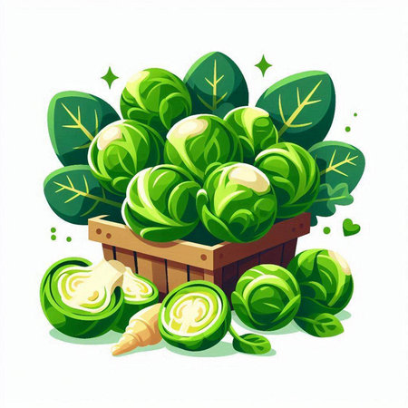 Brussels sprouts in a wooden basket. Vector illustration.のイラスト素材