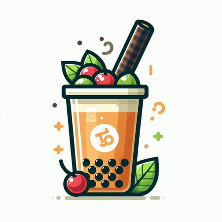 Vector illustration of bubble tea with whipped cream and cherries. Line art design for web, site, advertising, banner, poster, board and print.のイラスト素材