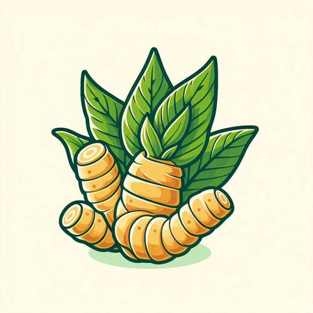 Turmeric root vector illustration. Turmeric root with green leaves.のイラスト素材