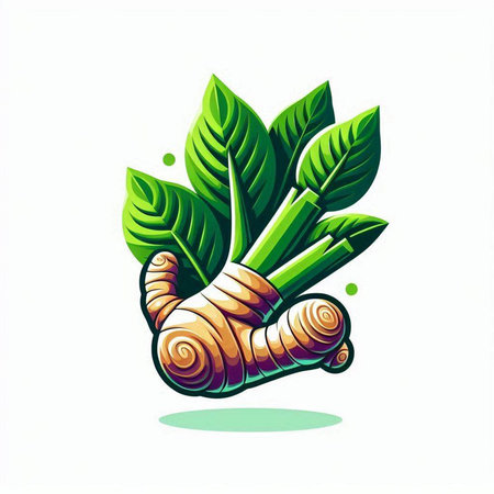 Ginger root with green leaves on white background. Vector illustration.のイラスト素材