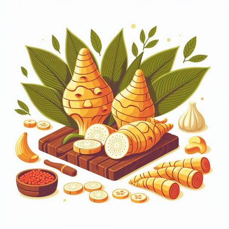 Ginger root and spices vector illustration. Garlic, onion, parsley, garlic, turmeric, ginger.のイラスト素材
