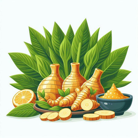 Vector illustration of a set of medicinal herbs in a bowl, lemon, ginger, turmeric, ginger root, leaves.のイラスト素材
