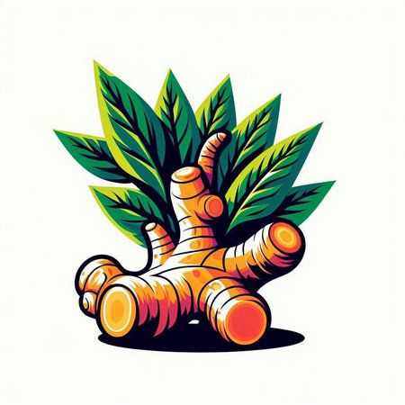 Ginger root with leaves. Vector illustration. Isolated on white background.のイラスト素材