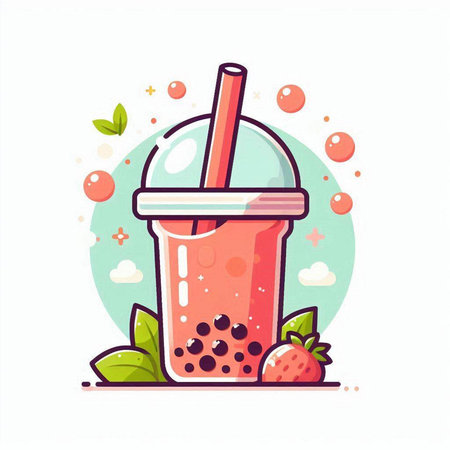Strawberry smoothie in plastic cup with straw. Vector illustration.のイラスト素材