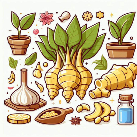 Ginger root, spices and herbs. Hand drawn vector illustration.のイラスト素材