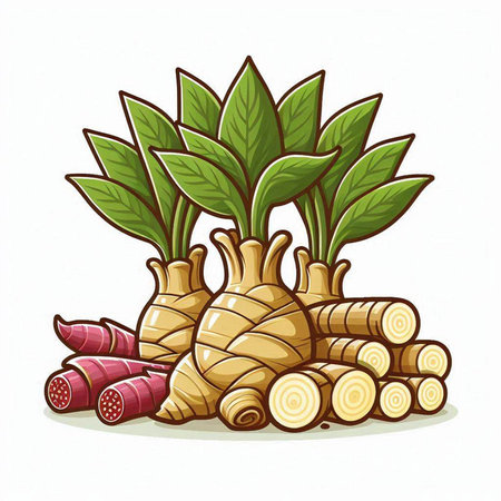 Ginger root and leaves isolated on white background. Vector illustration.のイラスト素材