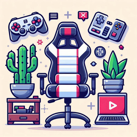 Vector illustration of a modern office chair with gamepad, video game console, cactus and laptop.のイラスト素材