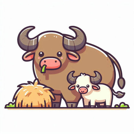 Illustration of Cute Cartoon Ox and Sheep. Vector Illustrationのイラスト素材