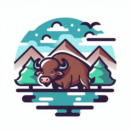 Bison and mountains in the background. Vector illustration for your designのイラスト素材