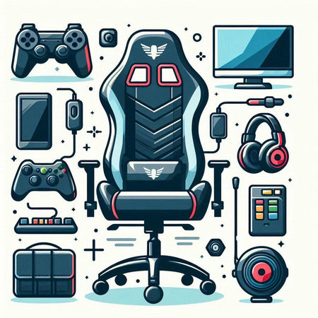 Vector illustration in trendy flat style with gaming equipment: chair, computer, gamepad, mouse, joystick, headphones.のイラスト素材