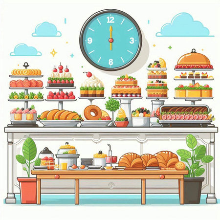 Vector illustration of a bakery with a clock in the background. The clock shows five minutes to twelve.のイラスト素材