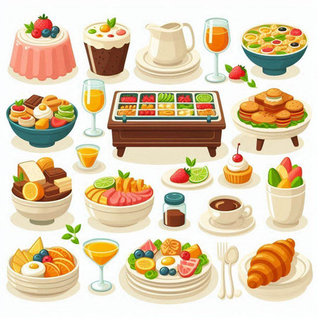 Breakfast food icons set with coffee, pancakes, croissants, fruits and berries isolated vector illustrationのイラスト素材