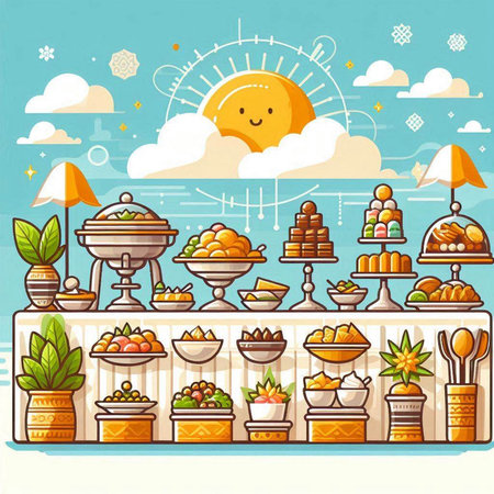Vector illustration of a fruit stall with fruits and vegetables in cartoon styleのイラスト素材