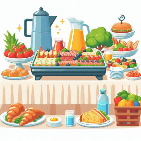 Catering table with food and drinks. Vector illustration in cartoon styleのイラスト素材