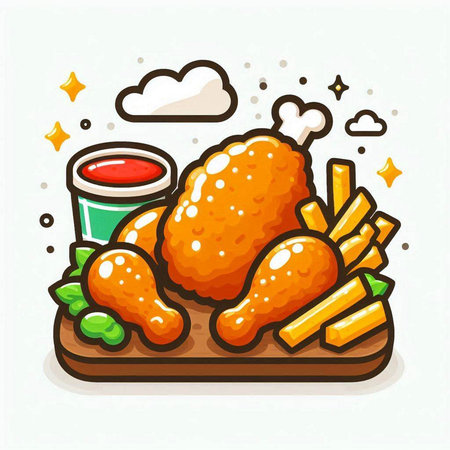 Illustration of fried chicken with french fries and sauce. Vector illustration.のイラスト素材