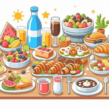 Healthy breakfast with fruits and croissants. Vector illustration.のイラスト素材