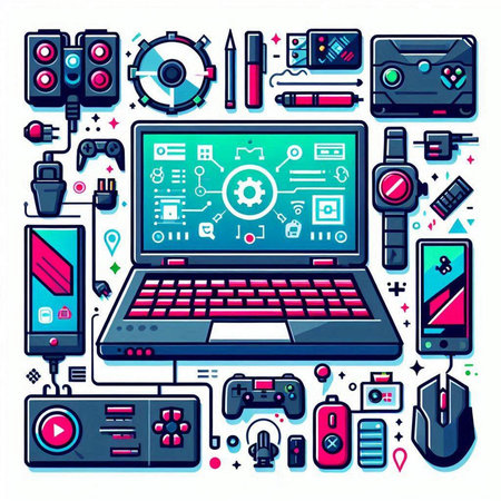 Modern flat design vector illustration concept of online gaming. Laptop, smartphone, gamepad, mouse, joystick, video game controller, gamepad, mouse, headphones and other equipment.のイラスト素材