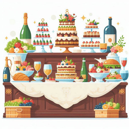 Wedding table with cake, fruit, wine and snacks. Vector illustrationのイラスト素材