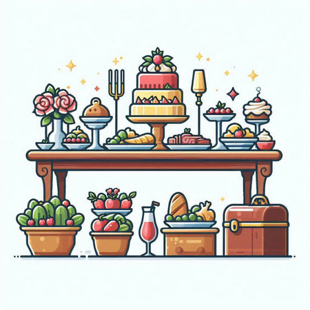 Vector illustration of a table with a variety of fruits and cakes.のイラスト素材