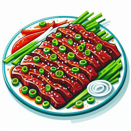Illustration of a plate of beef with green onions and sesame seedsのイラスト素材