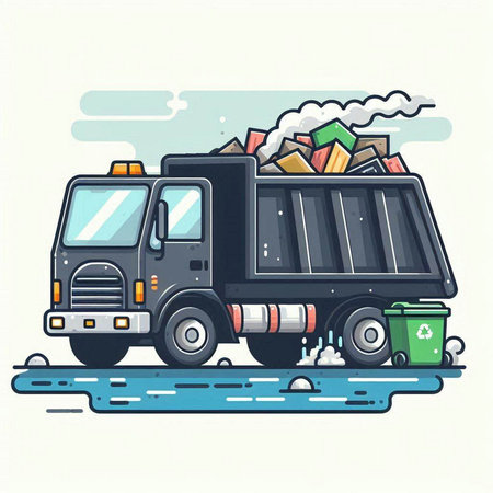 Garbage truck with garbage bags. Vector illustration in cartoon style.のイラスト素材